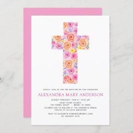 Baptisme Pastel Floral Pink Rose Cross Uitnodiging