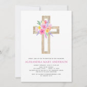 Baptisme Pastel Floral Pink Rose Cross Uitnodiging (Voorkant)