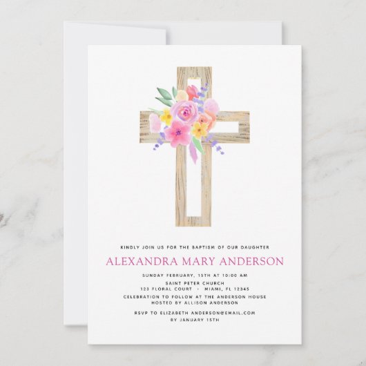 Baptisme Pastel Floral Pink Rose Cross Uitnodiging (Voorkant)