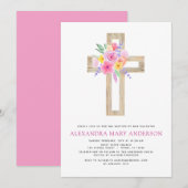 Baptisme Pastel Floral Pink Rose Cross Uitnodiging (Voorkant / Achterkant)