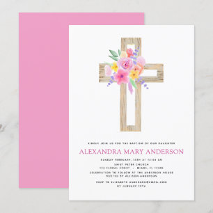 Baptisme Pastel Floral Pink Rose Cross Uitnodiging