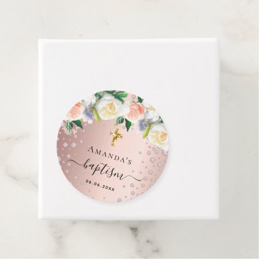 Baptisme roos goud floreel wit roze meisje bedankjes labels (In situ)