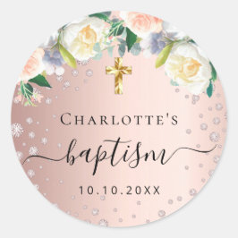 Baptisme roos goudbruine roze floralen meisje naam ronde sticker