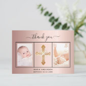 Baptisme roos gouden zwarte foto, meisje bedankkaart (Staand voorkant)