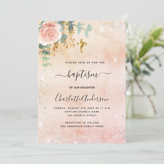 Baptisme roos goudflorale eucalyptus zilversparren kaart (Staand voorkant)