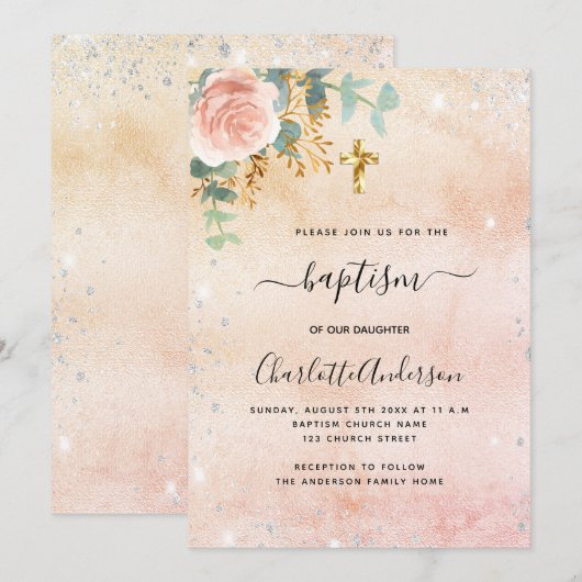 Baptisme roos goudflorale eucalyptus zilversparren kaart (Voorkant / Achterkant)