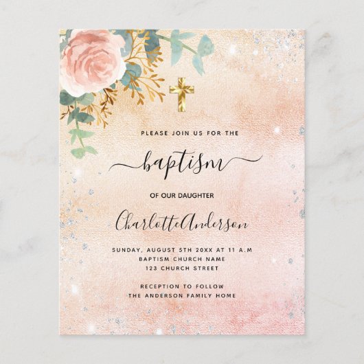 Baptisme roos goudflorale eucalyptusuitnodiging (Voorkant)