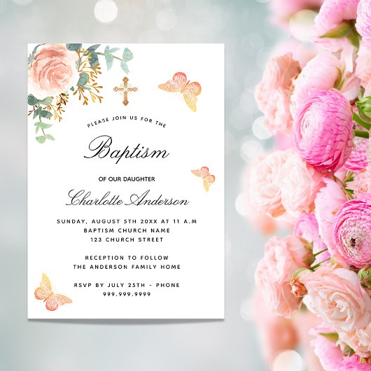 Baptisme roos goudflorale vlinder luxe kaart