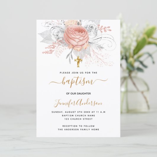 Baptisme roos goudflorals meisje elegant wit kaart (Staand voorkant)