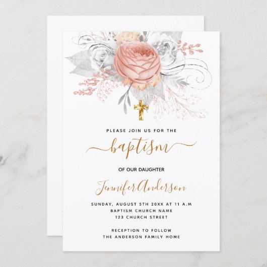 Baptisme roos goudflorals meisje elegant wit kaart (Voorkant / Achterkant)