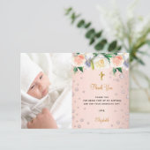 Baptisme roos goudflorals meisje foto bedankkaart (Staand voorkant)