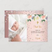 Baptisme roos goudflorals meisje foto bedankkaart (Voorkant / Achterkant)