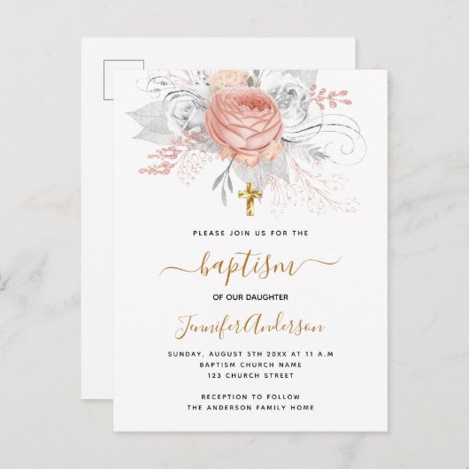 Baptisme roos goudflorals meisje wit elegant uitnodiging briefkaart (Voorkant / Achterkant)