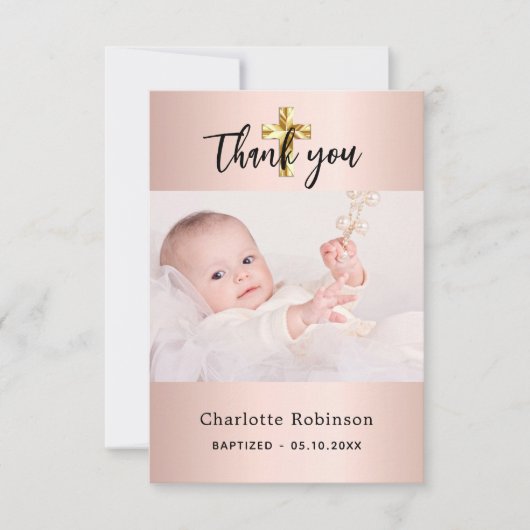 Baptisme roos goudfotomeisje bedankkaart (Voorkant)