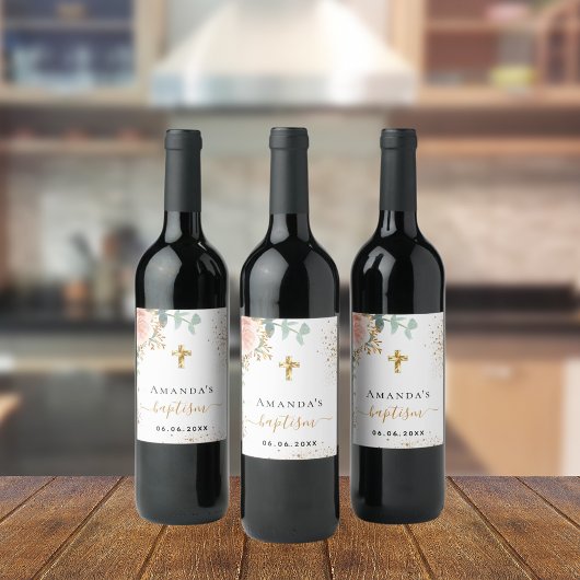 Baptisme roos goudkleurig roze floraal wijn etiket