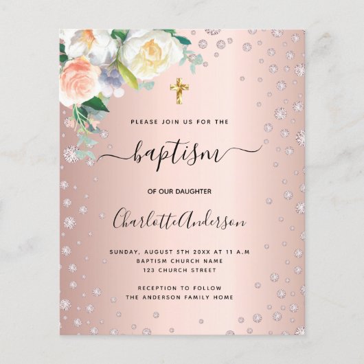 Baptisme roos goudroze budgetuitnodiging flyer (Voorkant)