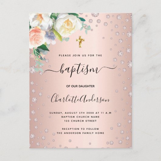Baptisme roos goudroze meisje elegant uitnodiging briefkaart (Voorkant)