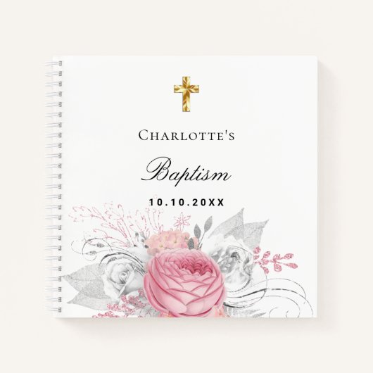 Baptisme roze babymeisje floraals wit notitieboek (Voorkant)