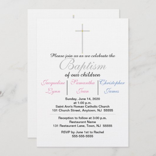 Baptisme roze blauwe triplets kaart (Voorkant / Achterkant)