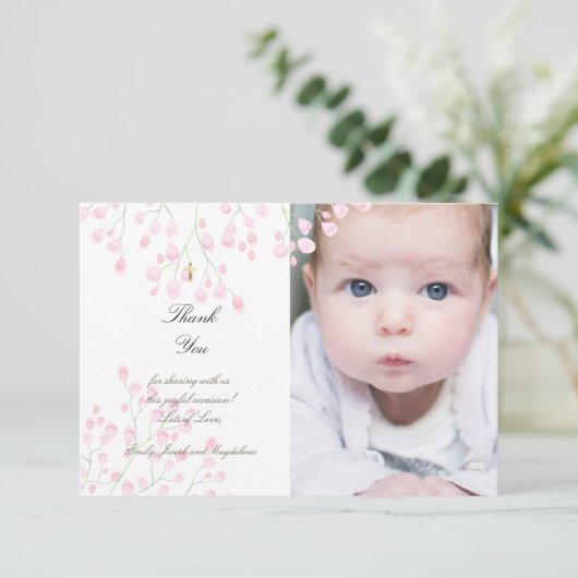 Baptisme roze bloemen bedankt kaart (Staand voorkant)