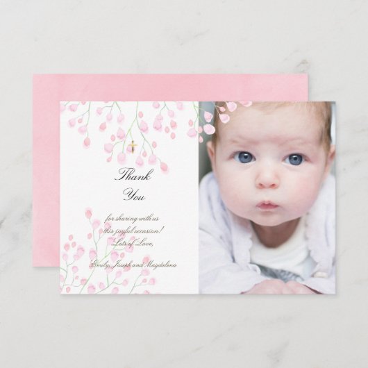 Baptisme roze bloemen bedankt kaart (Voorkant / Achterkant)