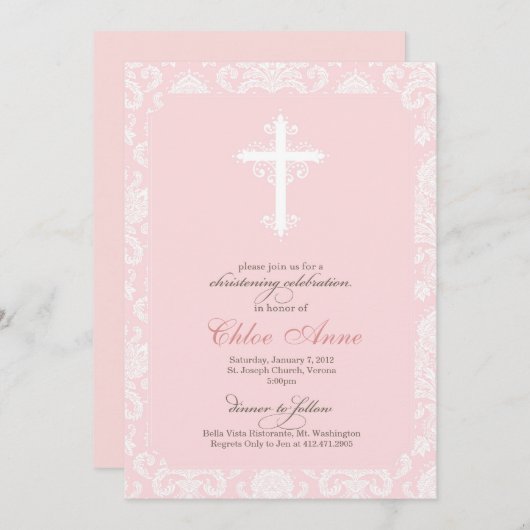 Baptisme - Roze Damask Kaart (Voorkant / Achterkant)