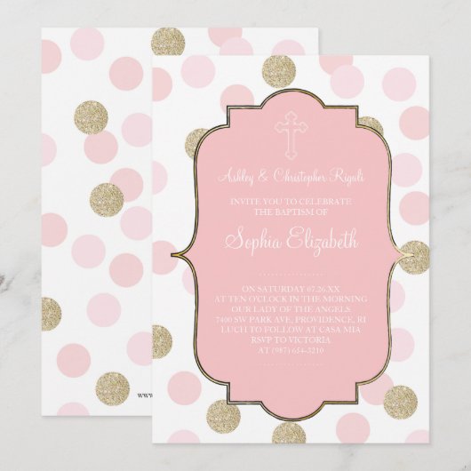Baptisme roze faux Gold Glitter Polka Dot Invite Kaart (Voorkant / Achterkant)