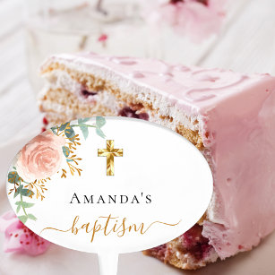 Baptisme roze florale eucalyptus meisje roos goud cake topper