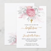 Baptisme roze floralen meisje elegant wit kaart (Voorkant / Achterkant)