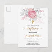 Baptisme roze floralen meisje elegant wit uitnodiging briefkaart (Voorkant / Achterkant)