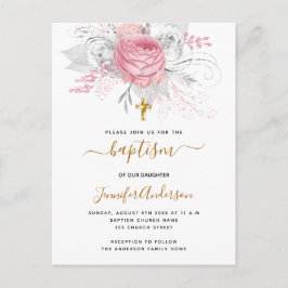 Baptisme roze floralen meisje elegant wit uitnodiging briefkaart