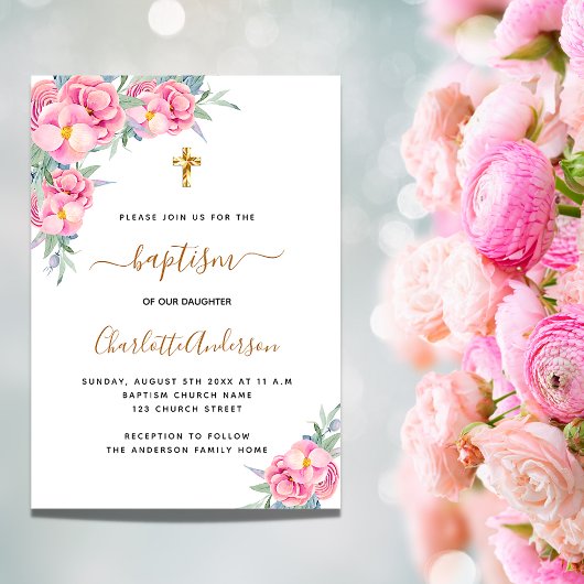 Baptisme roze floralen roos goudmeisje elegant kaart