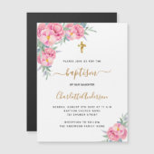 Baptisme roze floralen roos nodigmagneet uit (Voorkant / Achterkant)
