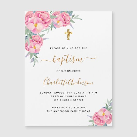 Baptisme roze floralen roos nodigmagneet uit (Voorkant)