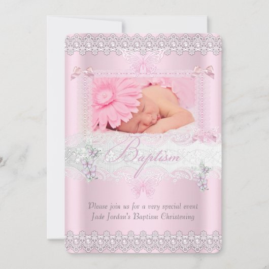 Baptisme  Roze Lace Fotovlinder Girl Kaart (Voorkant)