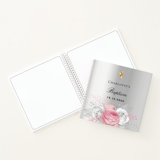 Baptisme roze meisje florals Silver Notitieboek (Binnen)