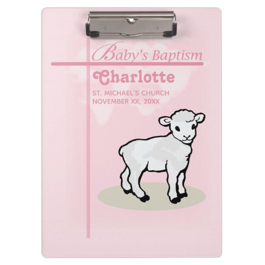 , Baptisme, Roze, Meisje, Lamb Klembord (Voorkant)