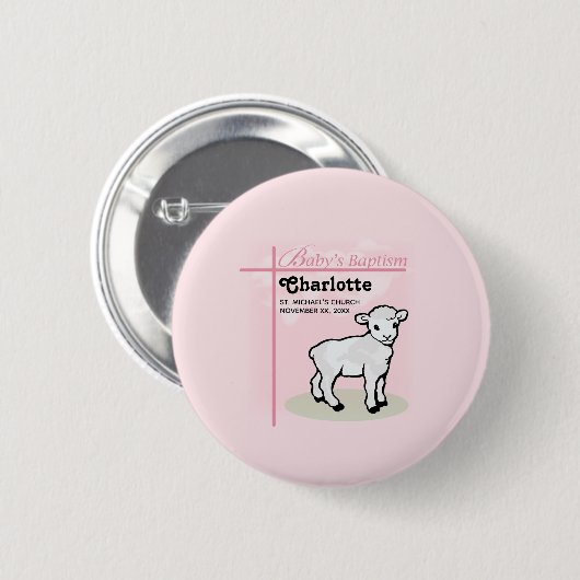 , Baptisme, Roze, Meisje, Lamb Ronde Button 5,7 Cm (Voorkant /achterkant)