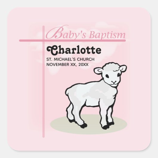 , Baptisme, Roze, Meisje, Lamb Vierkante Sticker (Voorkant)