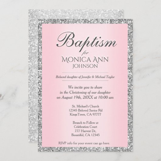 Baptisme | Roze met zilveren faux-glitter Kaart (Voorkant / Achterkant)