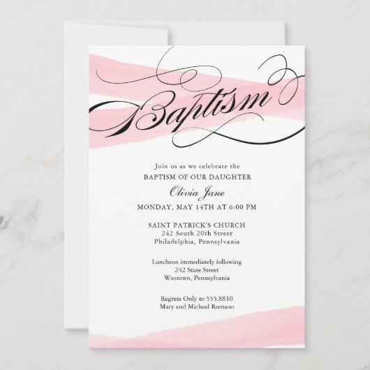 Baptisme, roze moderne uitnodiging tot Waterverf (Voorkant)