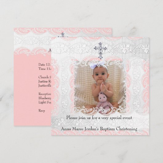 Baptisme Roze witte lens Foto jewel Cross Kaart (Voorkant / Achterkant)