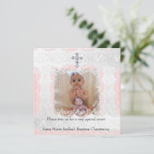 Baptisme Roze witte lens Foto jewel Cross Kaart (Staand voorkant)