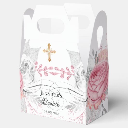 Baptisme roze zilver modern elegant kruis bedankdoosjes (Geopend)