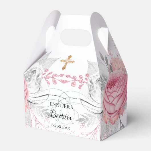 Baptisme roze zilver modern elegant kruis bedankdoosjes (Voorkant Zijde)