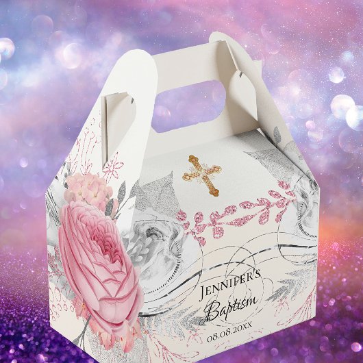 Baptisme roze zilver modern elegant kruis bedankdoosjes