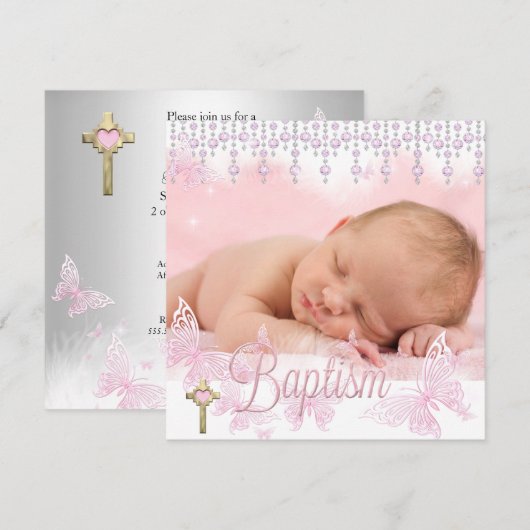 Baptisme roze zilver vlinderkruis kaart (Voorkant / Achterkant)