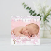 Baptisme roze zilver vlinderkruis kaart (Staand voorkant)