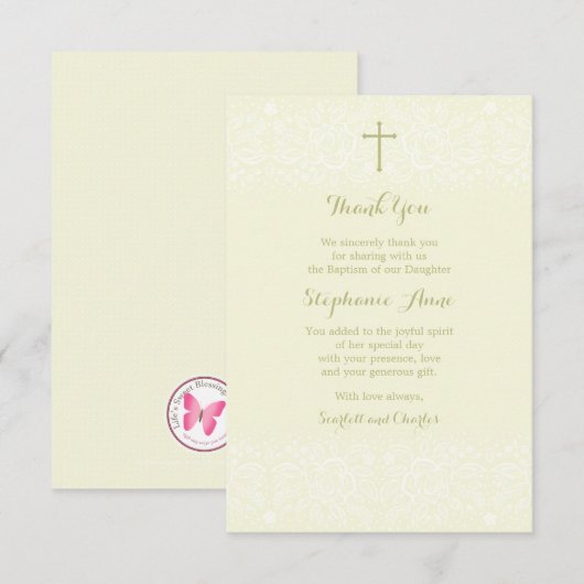 Baptisme Sage Delicate Floral Lace Bedankkaart (Voorkant / Achterkant)