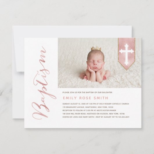 Baptisme Script Shiny Blush Photo Invitation Kaart (Voorkant)
